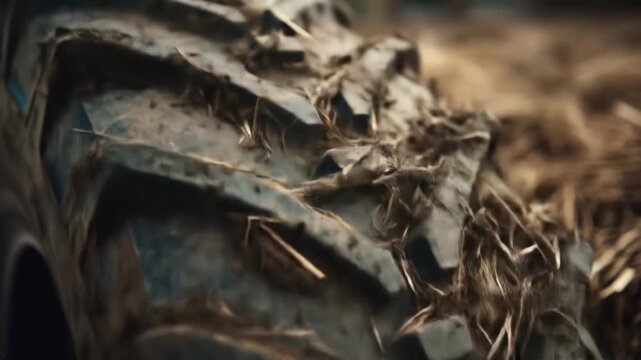 Close-up of a mud-caked tire tread with dried vegetation clinging to it, blurred background of similar material