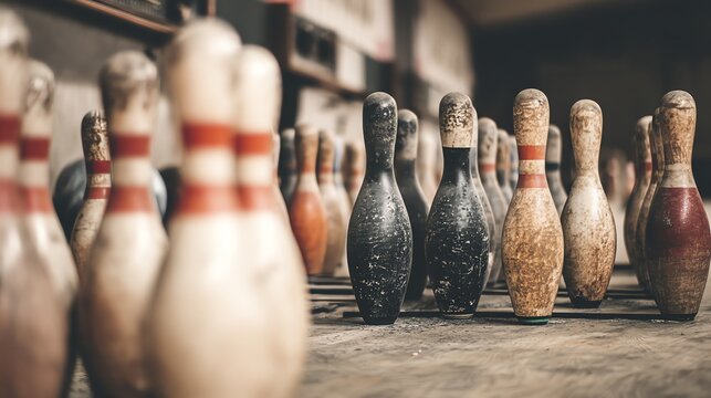 Vintage bowling pins in a retro bowling alley