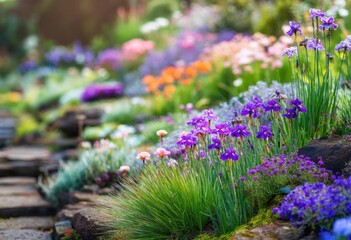 Obraz premium A vibrant display of colorful flowers and greenery along a stone pathway.