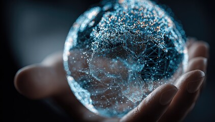 A hand holds a glowing, digital globe