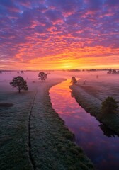Vibrant Sunrise over Foggy River and Trees