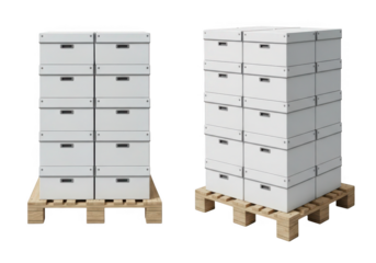 Stacks of white archive boxes on wooden pallets isolated on transparent background
