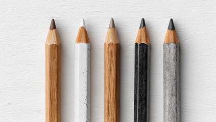 Close-up of five wooden pencils with different colored graphite tips on a white surface