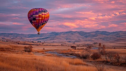 Fototapeta premium and keyword list based on the imageHot Air Balloon Ascends at Dawn over Golden Field near Mountains