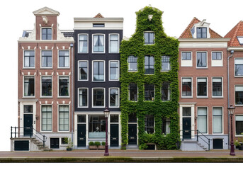 Naklejka premium Row of historic amsterdam canal houses with greenery isolated on transparent background