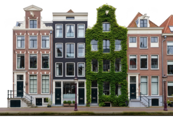 Row of historic amsterdam canal houses with greenery isolated on transparent background