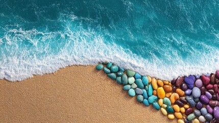 Obraz premium Colorful pebbles on sandy beach and ocean waves
