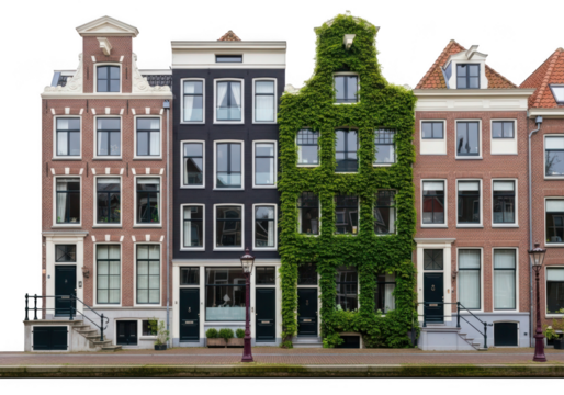 Row of historic amsterdam canal houses with greenery isolated on transparent background