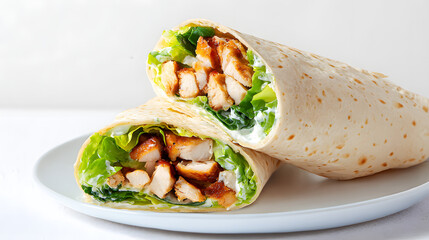 Ultra Realistic Caesar Chicken Wrap Wrapped in Soft Tortilla with Fresh Lettuce and Creamy Dressing on White Background