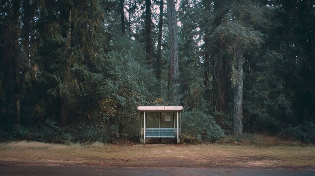 Bus stop in a forested area