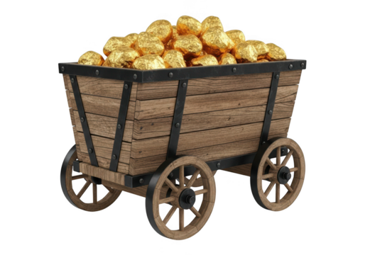 Antique wooden mine cart overflowing with gold nuggets isolated on transparent background