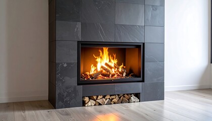 Modern fireplace with burning wood