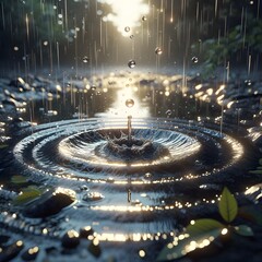 Rain drops and ripple splash on wet street with soft light and bokeh background