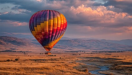 Obraz premium and keyword list based on the imageHot Air Balloon Floating at Sunrise over Grassy Plains Landscape