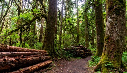 Lush, damp forest with stacked logs