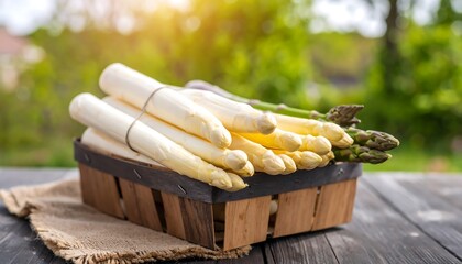 Fresh white and green asparagus in a wooden crate outdoors