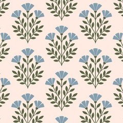 Vintage floral seamless pattern. Simple folk art design with stylized flowers and leaves. Traditional vector floral background with blue flowers for textile, fabric, and wallpaper.