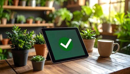 Tablet with green checkmark plants home office