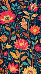 Vibrant floral pattern with bold colors and detailed blossoms