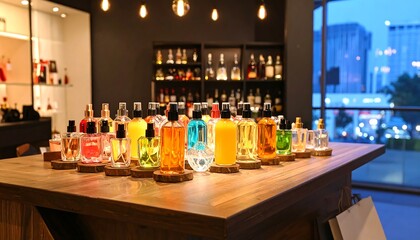Colorful perfume bottles displayed on a wooden table in a modern shop