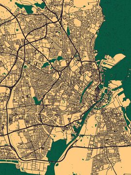 Copenhagen Denmark City Street Map. Abstract painting modern urban travel art downtown landmarks artwork