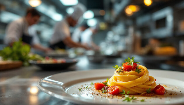 Close-up gourmet dish with chef team in background
