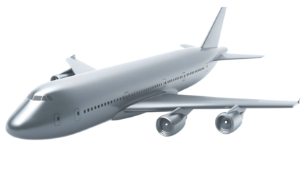 Sleek silver jetliner soaring through the sky isolated on a transparent background