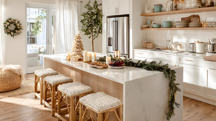 Bright Coastal Kitchen Decorated for a Cozy Christmas Celebration with Festive Touches and Natural Accents