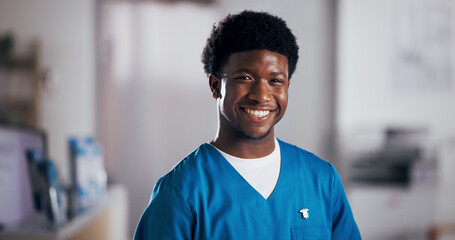 Black man, nurse and portrait in hospital with smile, confidence and health professional....