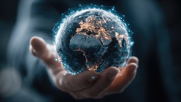 Globe in hand, digital network