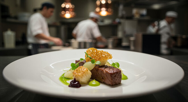 Close-up gourmet dish with chef team in background
 - Powered by Adobe