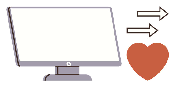 Desktop monitor with outgoing arrows and red heart conveying digital communication, online relationships, and sharing. Ideal for technology, communication, love, interaction, networking, content