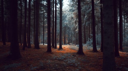 Fototapeta premium Mysterious forest with tall trees and autumn foliage