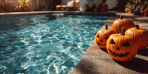 Group of jack-o'-lantern pumpkins on the edge of a swimming pool in summertime, pumpkin, jack-o'-lantern, swimming pool