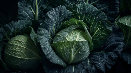 Obraz premium Fresh Green Cabbage with Dew Drops, Close-Up of Vegetables, Water on Leaves