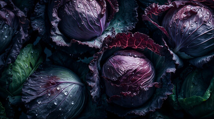 Red Cabbage with Dew Drops, Close-Up of Fresh Vegetables, Water on Leaves