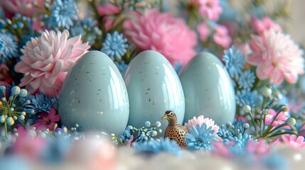 Easter border design with vibrant spring flowers and colorful quail eggs on a white background, 