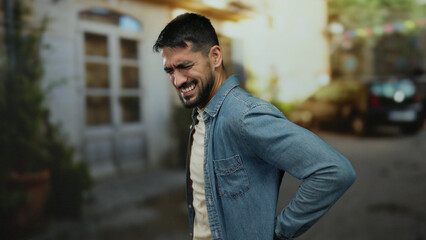 Naklejka premium Young man wincing with back pain in an urban street setting, wearing a casual denim shirt, portraying discomfort outdoors, with a hint of greenery and buildings in the background.