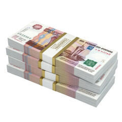 Stacks of 5000 Russian Ruble banknotes, isolated on a transparent background.  High-quality 3D rendering. background removed
