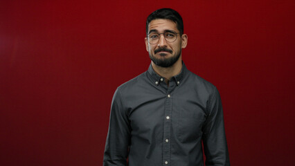 Obraz premium Young man with glasses poses thoughtfully against a vibrant red background, showcasing modern style and confidence.
