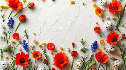 Easter Border with Vibrant Spring Flowers and Colorful Quail Eggs on White Background for Seasonal Holiday Decoration