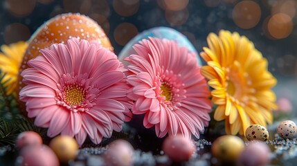 Easter Border with Vibrant Spring Flowers and Colorful Quail Eggs on White Background for Seasonal Holiday Decoration