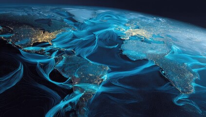 Earth from space with glowing blue energy lines depicting global connections and city lights
