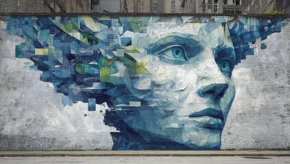 Urban wall art of a face with digital, fragmented elements. Blue & green tones