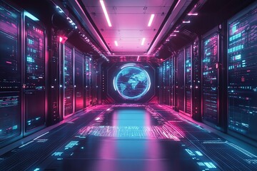 A conceptual futuristic data server room with floating holographic graphs, AI-powered analytics, and ultra-modern mechanical components