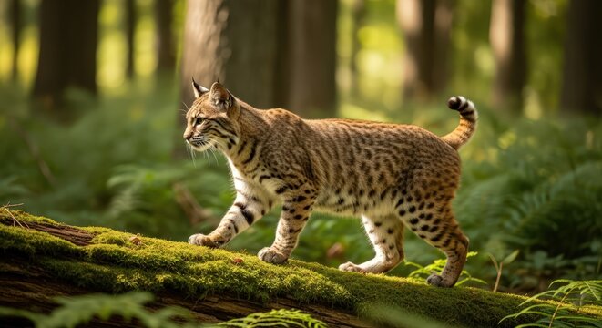 Bobcat Walking on Mossy Log in Forest, Lynx rufus Wildlife Image