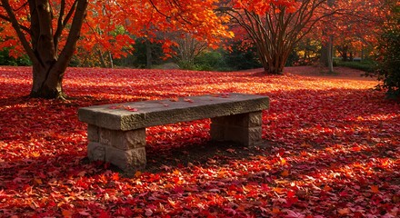 Autumn Serenity A Stone Bench Amidst Vibrant Red Foliage in a Tranquil Park Setting