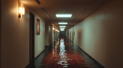 Flooded hotel corridor with dim lighting