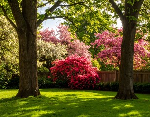Fototapeta premium Spring garden with vibrant flowers and lush greenery