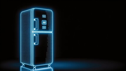 Digital Refrigerator: A sleek, futuristic rendering of a refrigerator in brilliant neon, its form outlined against a minimalist background, evoking a sense of modernity and technological advancement.